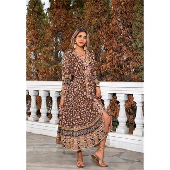 Women's Long Sleeve Boho Midi Dress V Neck Brown - Picture 4 of 6